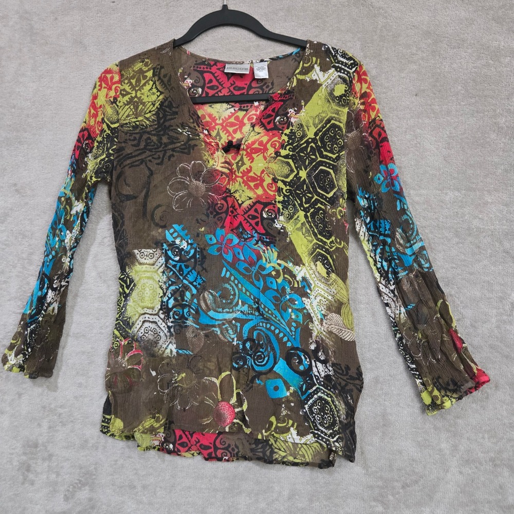 Chicos Silk Blouse Womens XS Boho Artsy Hippie Abstract Maximalist Statement